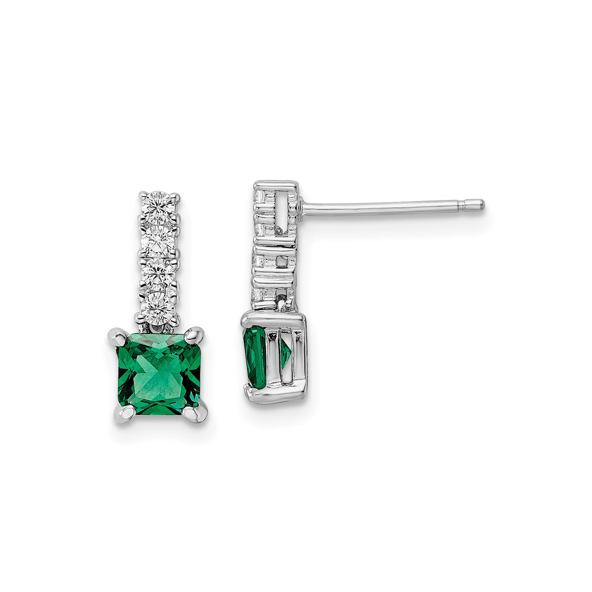 Sterling Silver Drop Earrings with Square Cut Green Gemstone and Cubic Zirconia