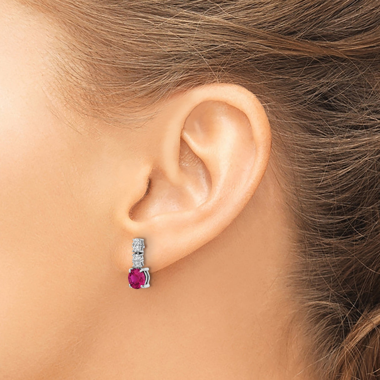 Sterling Silver Dangle Earrings with Lab Created Ruby and Cubic Zirconia, Modern Drop Design