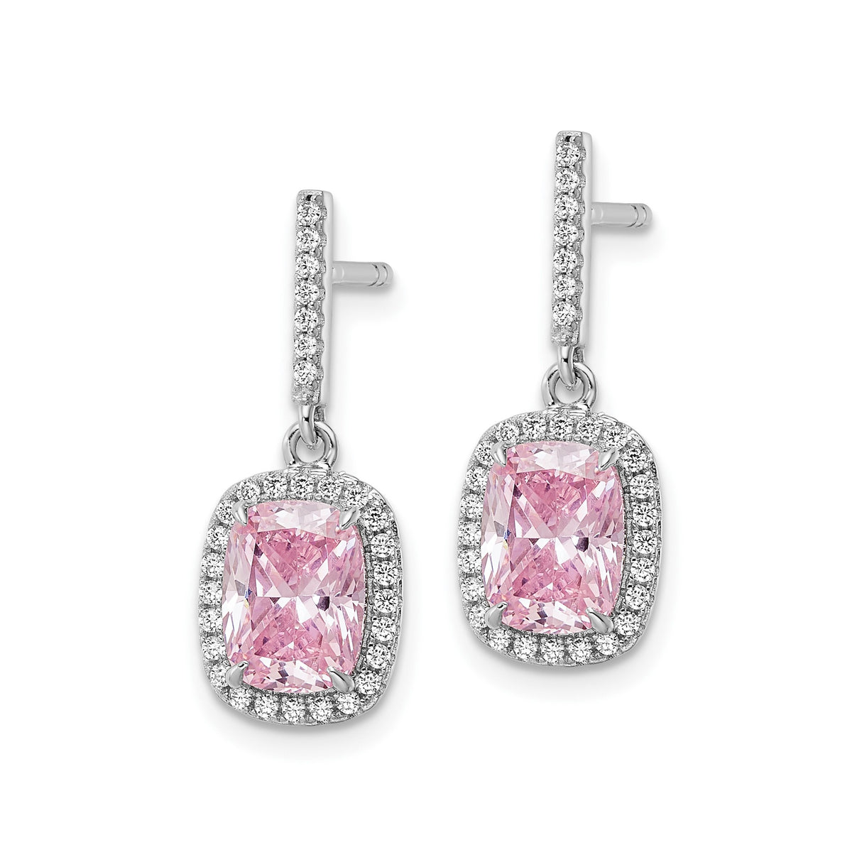 Sterling Silver Dangle Earrings with Cushion Cut Pink Cubic Zirconia in Halo Setting