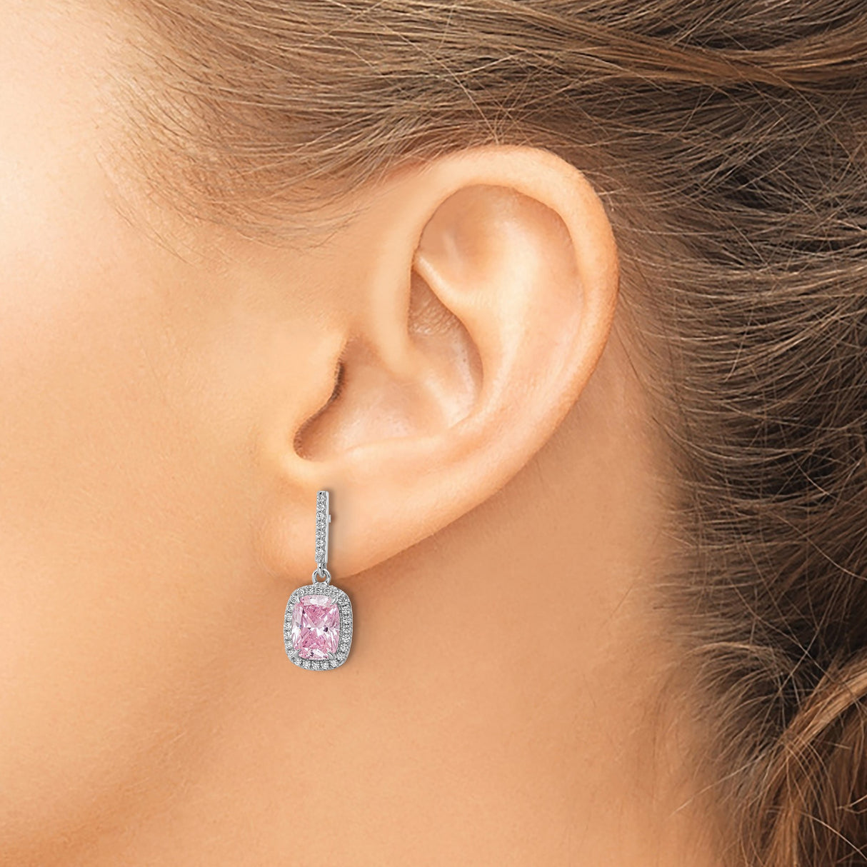Sterling Silver Dangle Earrings with Cushion Cut Pink Cubic Zirconia in Halo Setting