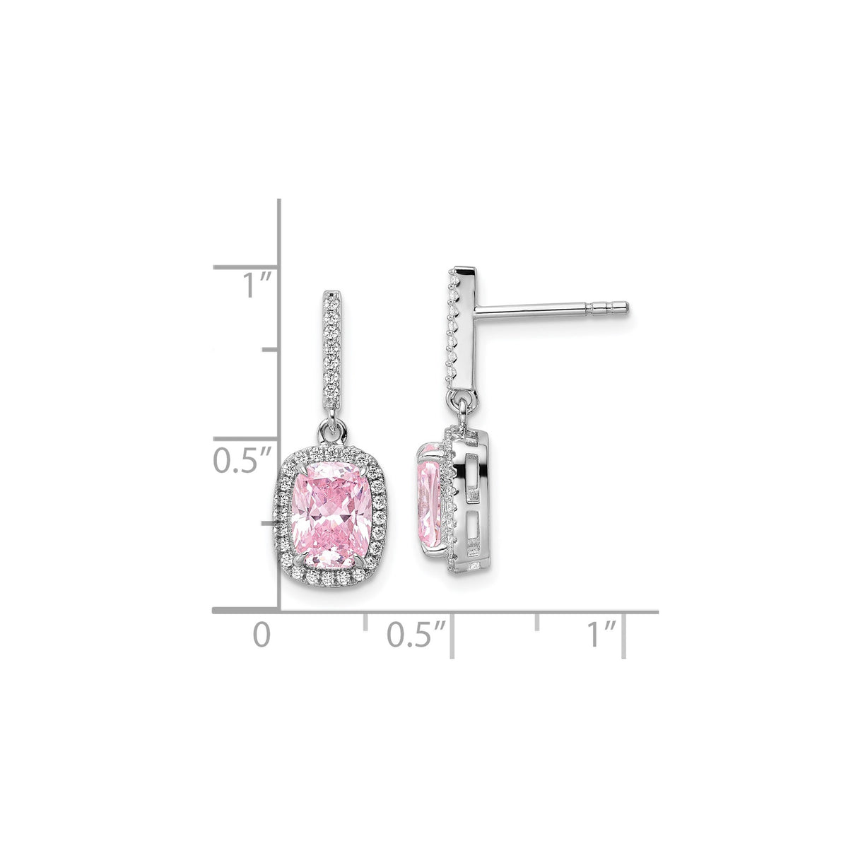 Sterling Silver Dangle Earrings with Cushion Cut Pink Cubic Zirconia in Halo Setting