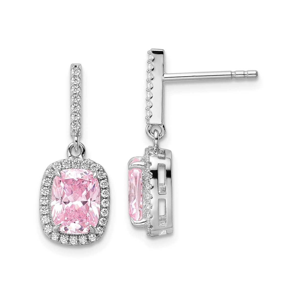 Sterling Silver Dangle Earrings with Cushion Cut Pink Cubic Zirconia in Halo Setting