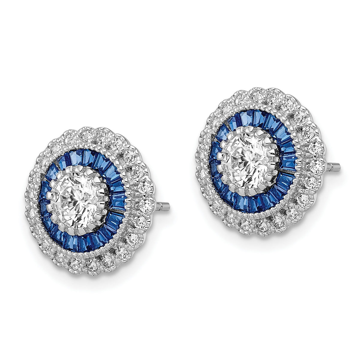 Sterling Silver Stud Earrings with Cubic Zirconia, Blue and White Halo Evil Eye Design
