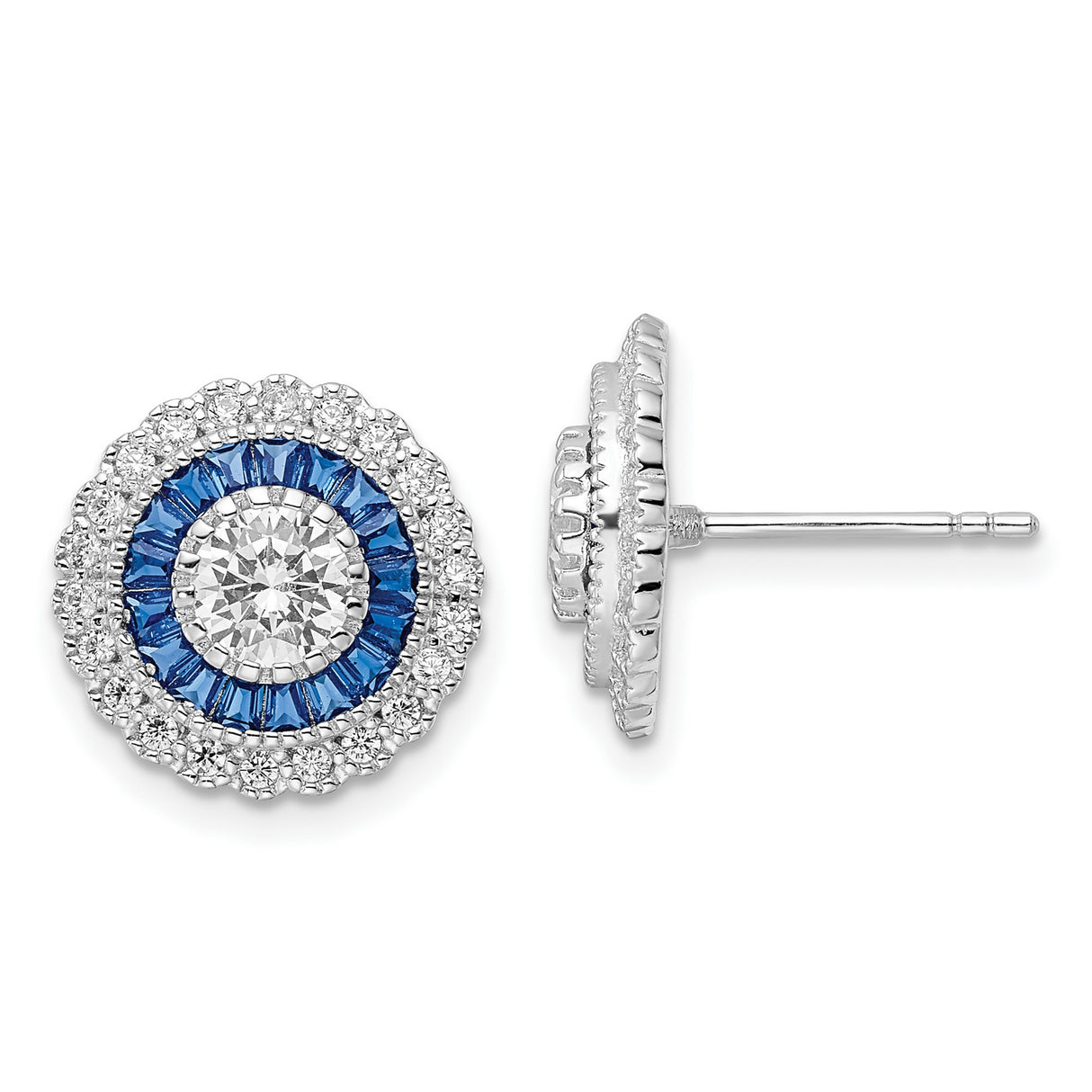 Sterling Silver Stud Earrings with Cubic Zirconia, Blue and White Halo Evil Eye Design