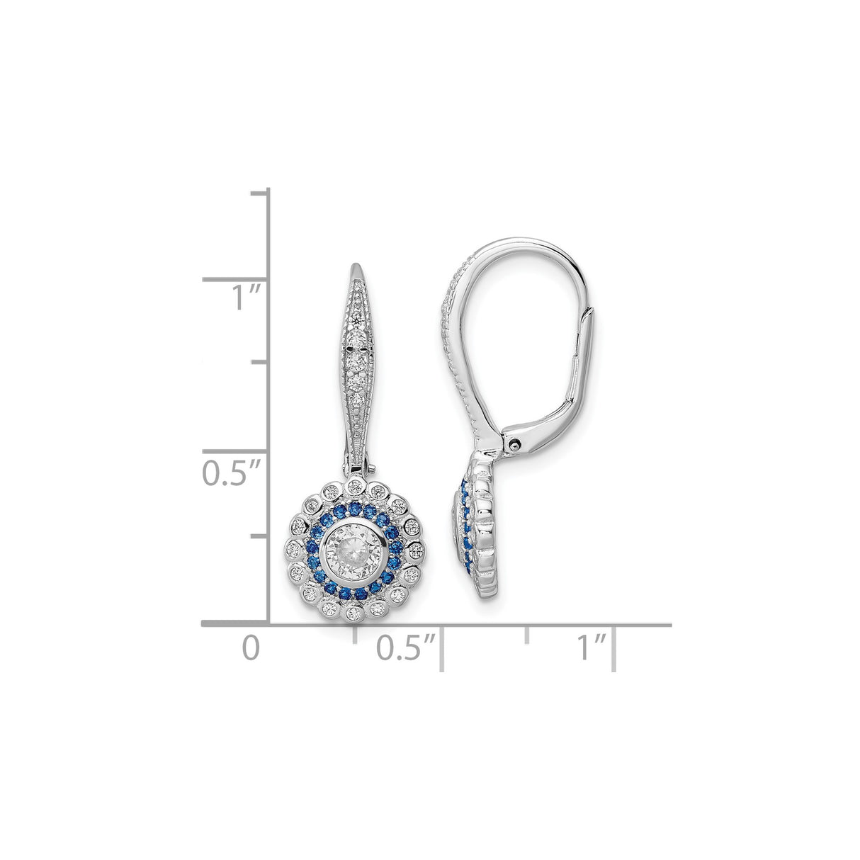Sterling Silver Dangle Earrings with Blue and White Cubic Zirconia, Halo Design, Leverback Drops