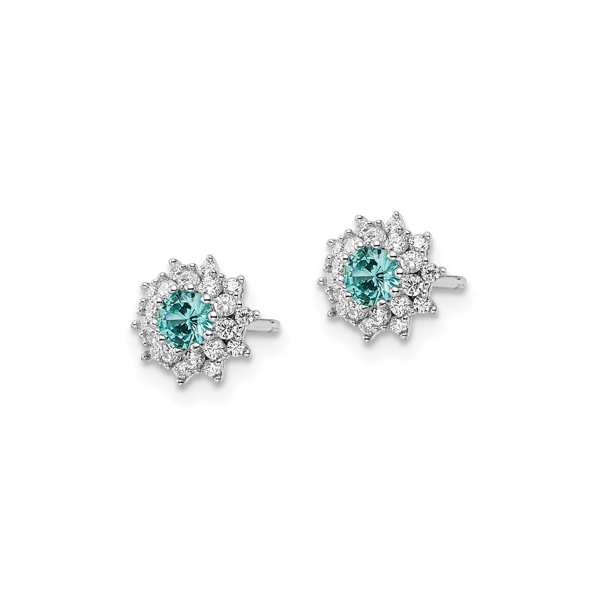 Sterling Silver Stud Earrings with Teal Cubic Zirconia Center and Halo Design