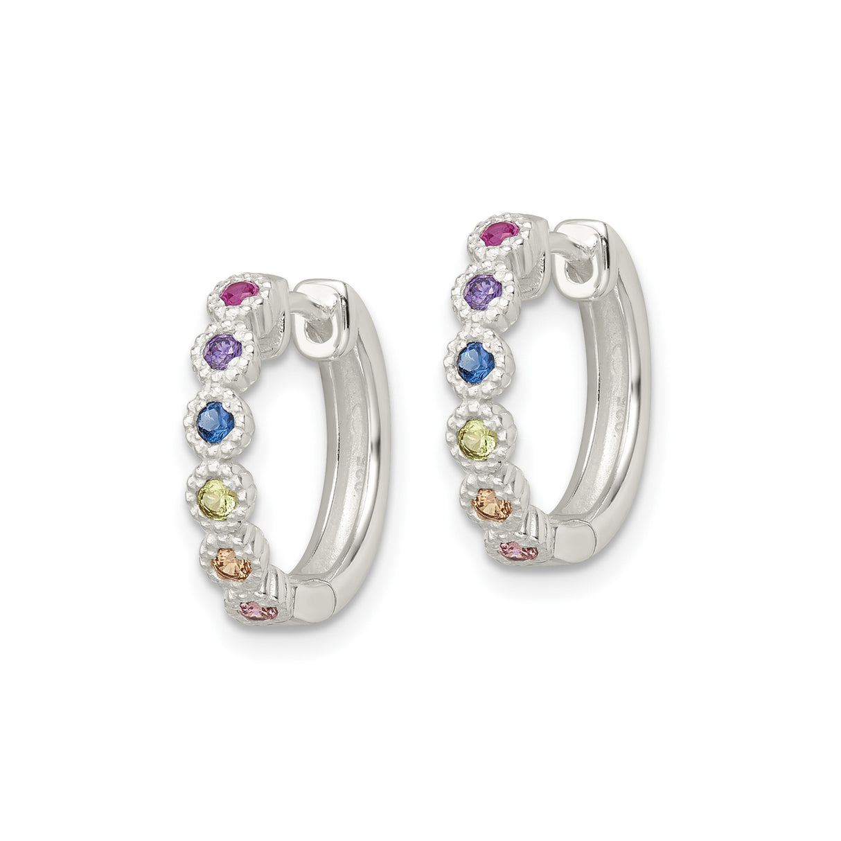 Sterling Silver Hoop Earrings with Cubic Zirconia, Rainbow Multicolor Vertical Setting