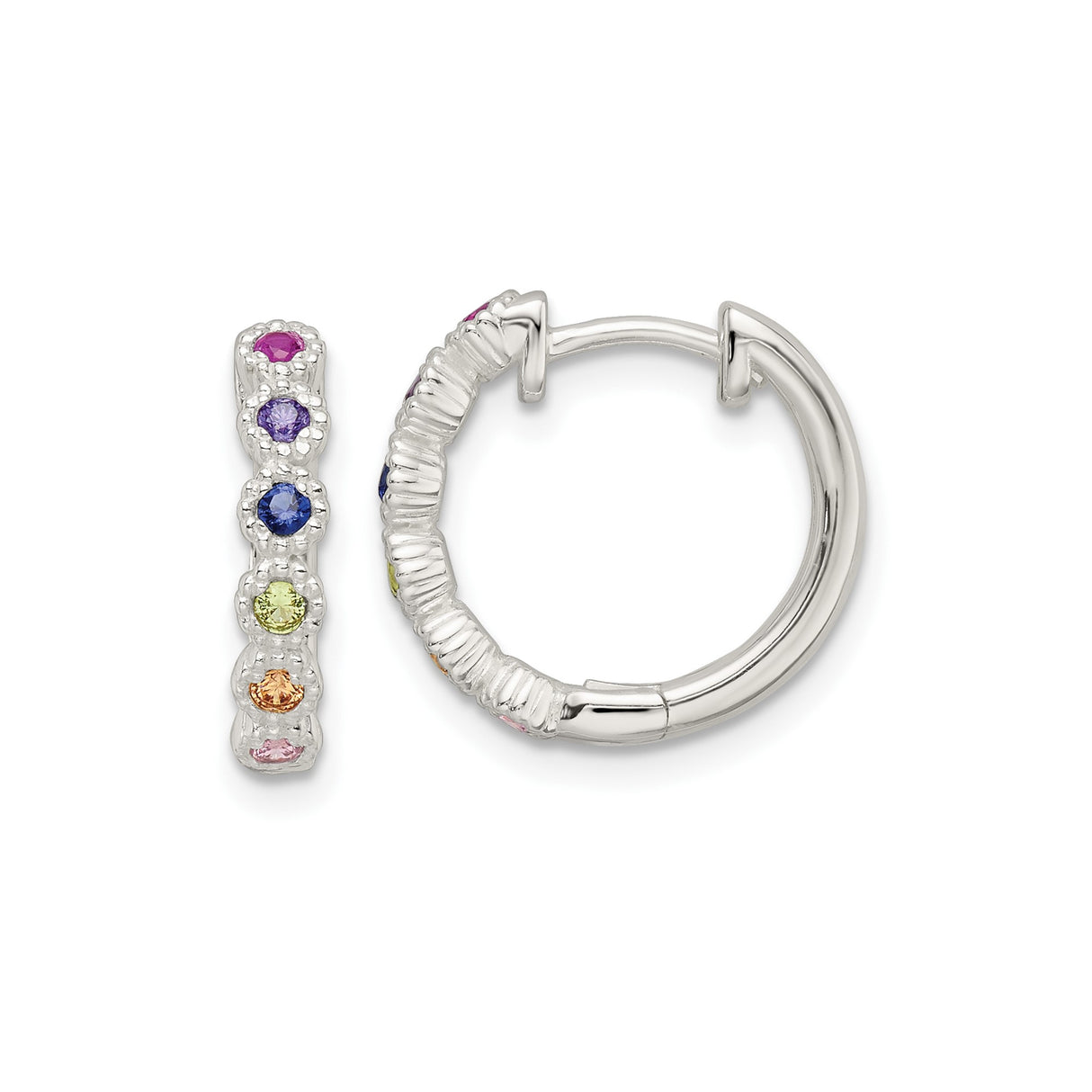 Sterling Silver Hoop Earrings with Cubic Zirconia, Rainbow Multicolor Vertical Setting