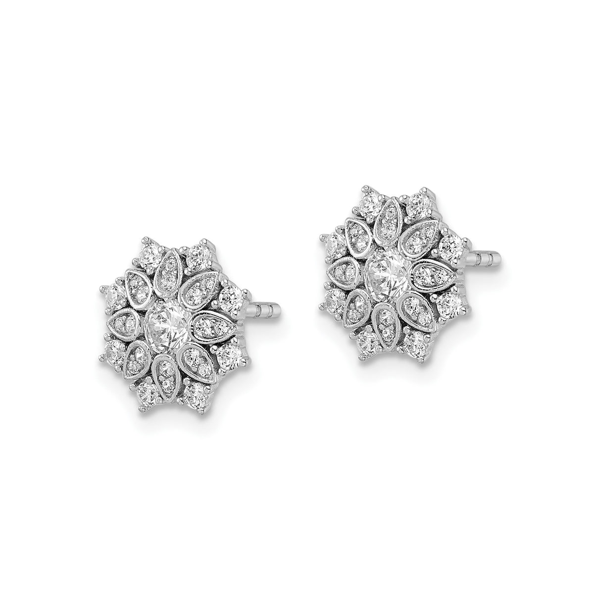 Sterling Silver Stud Earrings with Cubic Zirconia, Snowflake Floral Design for Women