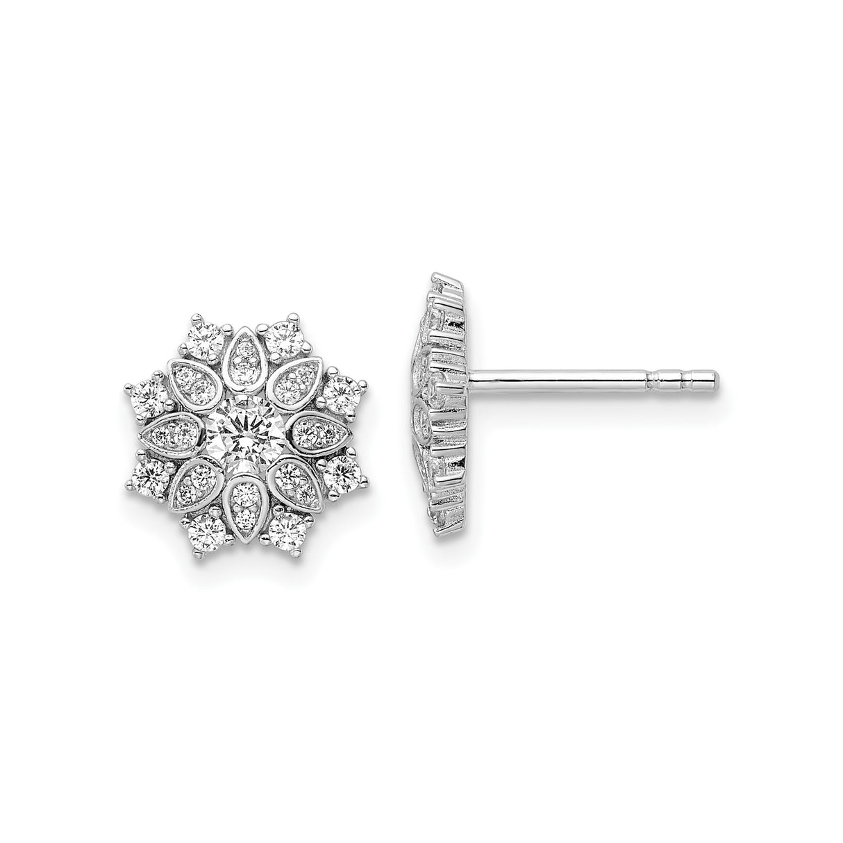 Sterling Silver Stud Earrings with Cubic Zirconia, Snowflake Floral Design for Women
