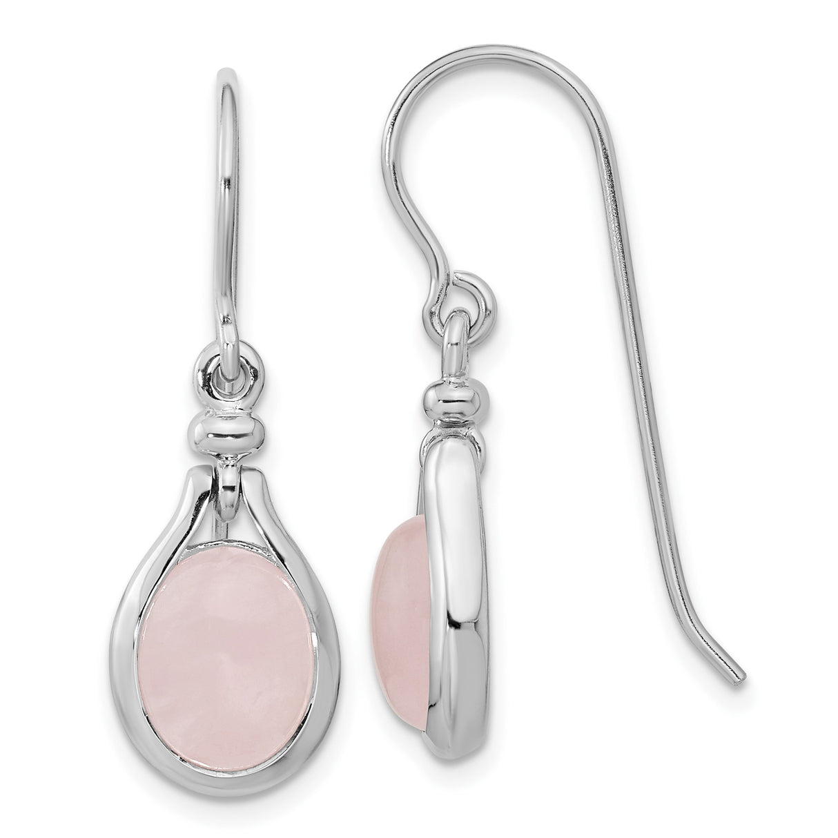 Sterling Silver Dangle Earrings with Oval Pink Quartz in Teardrop Bezel Setting