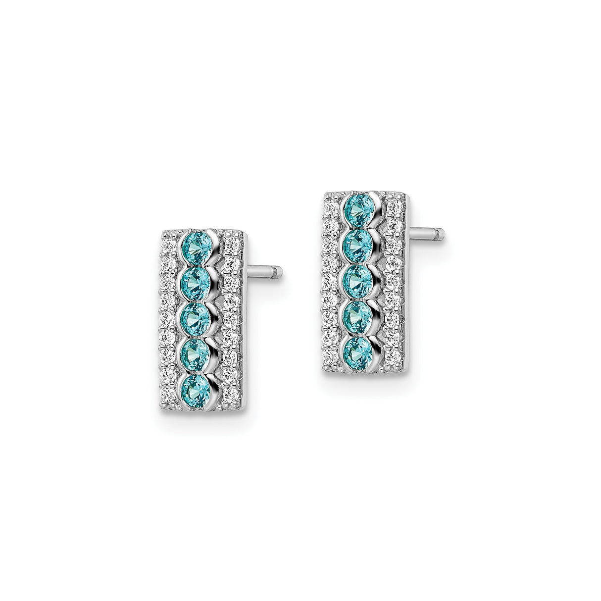 Sterling Silver Bar Stud Earrings with Blue Cubic Zirconia, Modern Rectangular Design