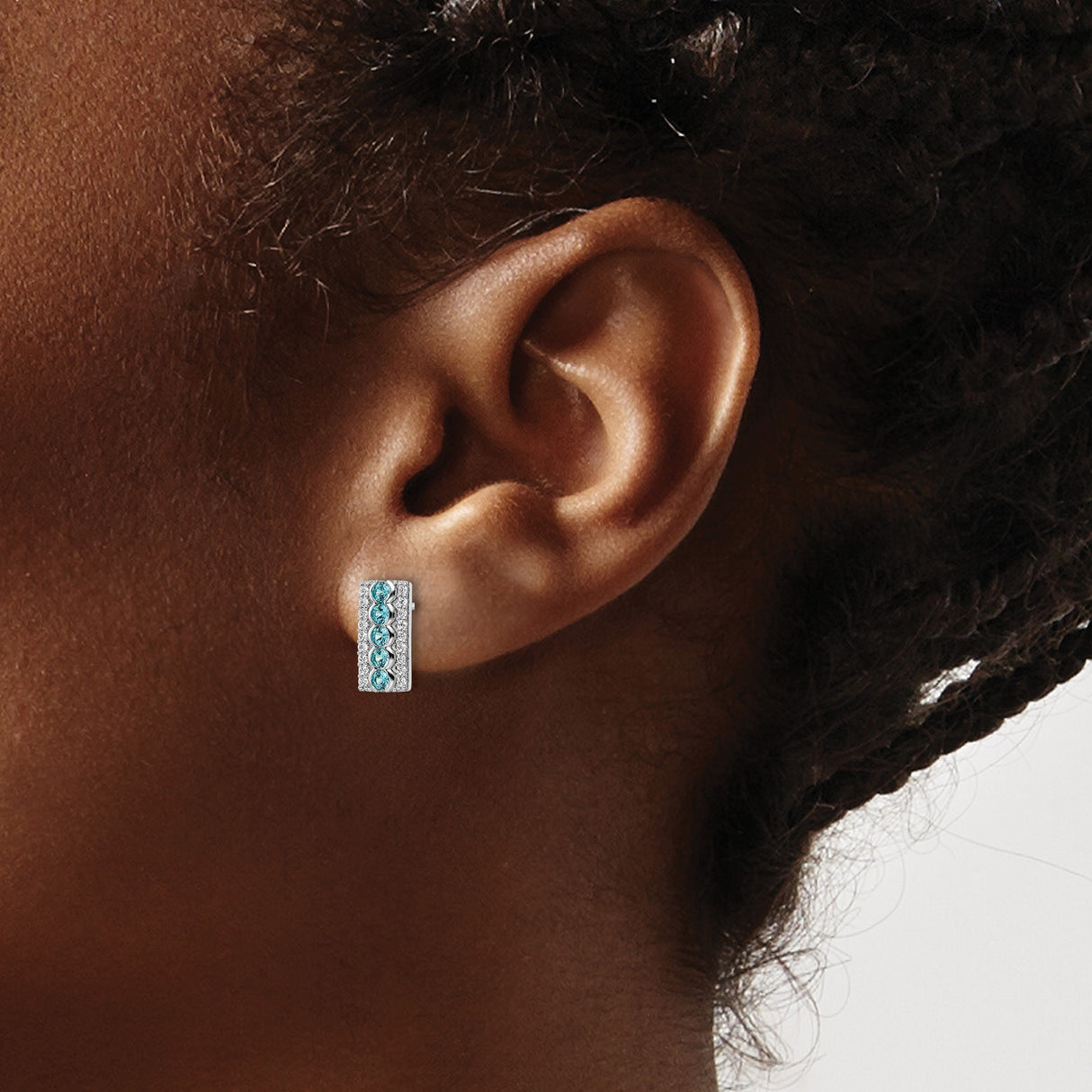 Sterling Silver Bar Stud Earrings with Blue Cubic Zirconia, Modern Rectangular Design