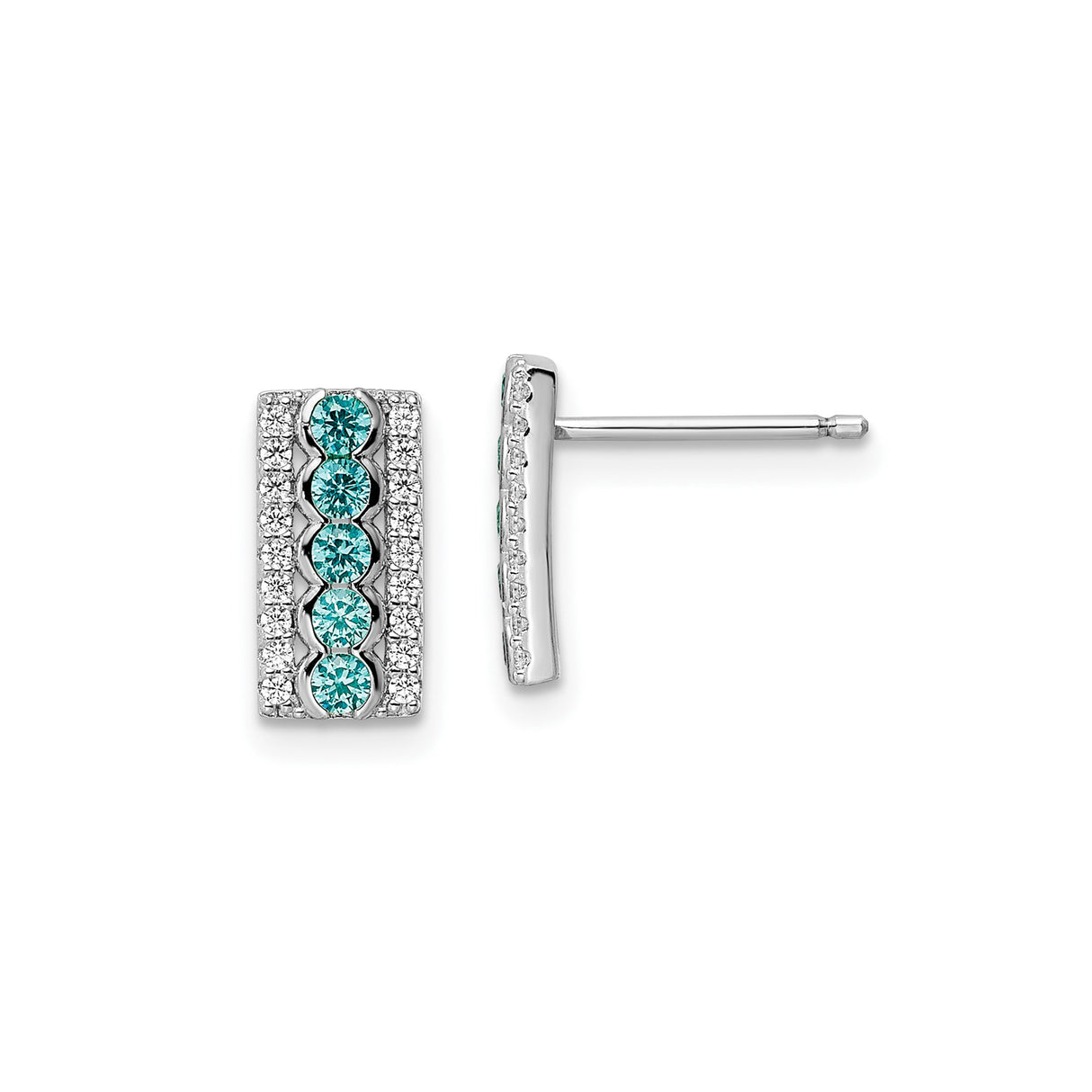 Sterling Silver Bar Stud Earrings with Blue Cubic Zirconia, Modern Rectangular Design