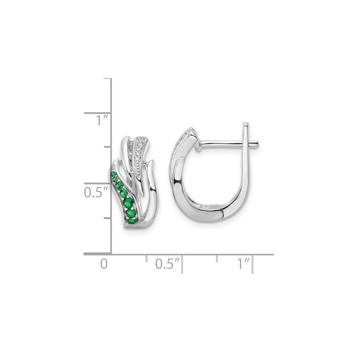 Sterling Silver Hoop Earrings with Green and White Cubic Zirconia, Wave Design, Nature-Inspired Style