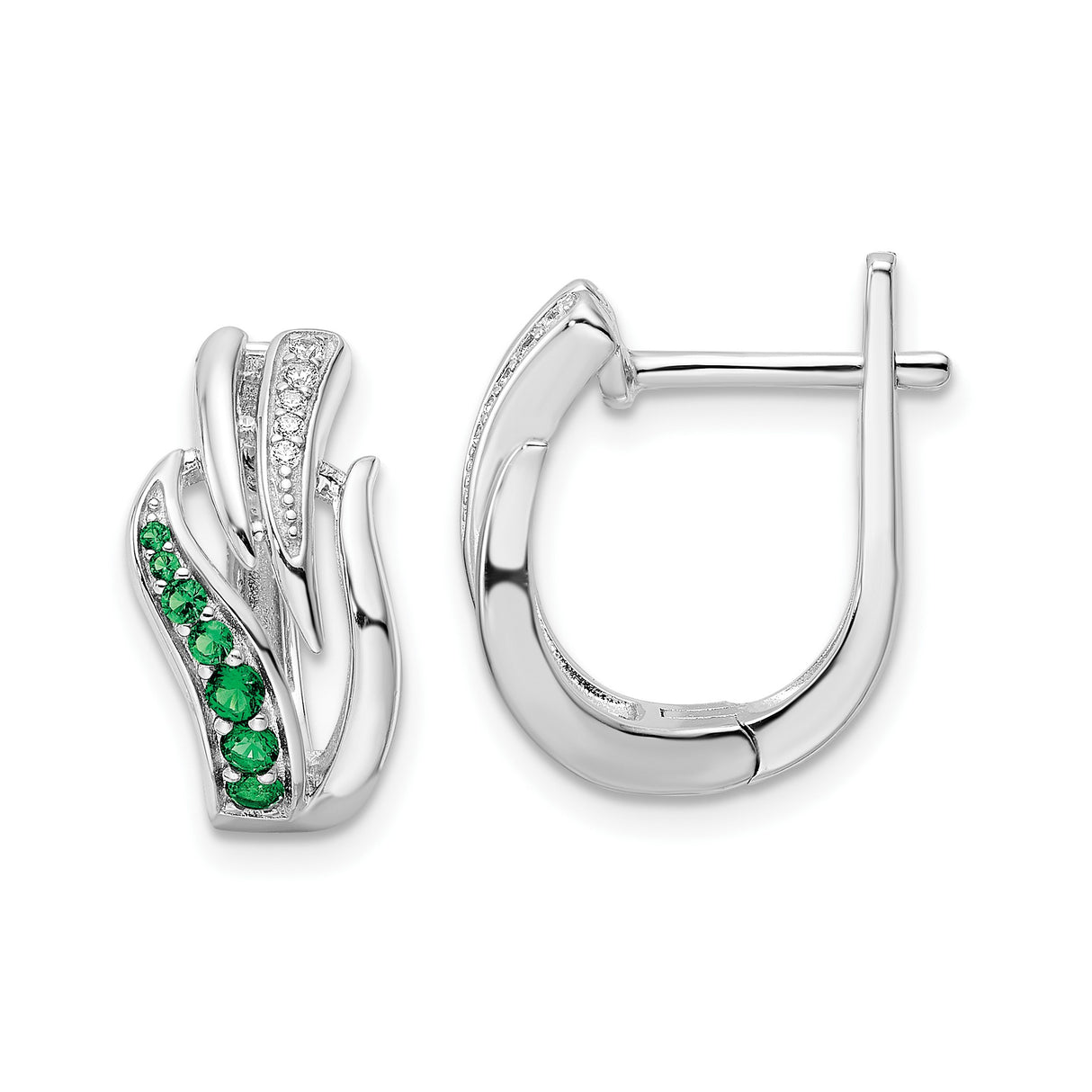 Sterling Silver Hoop Earrings with Green and White Cubic Zirconia, Wave Design, Nature-Inspired Style