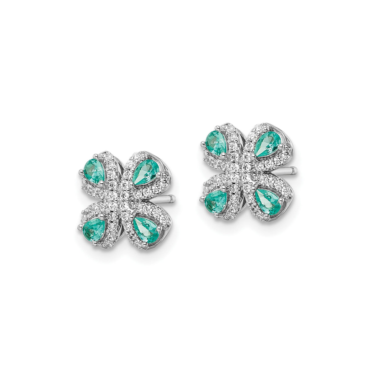 Sterling Silver Clover Stud Earrings with Green Pear-Cut Cubic Zirconia and Pavé Crystals