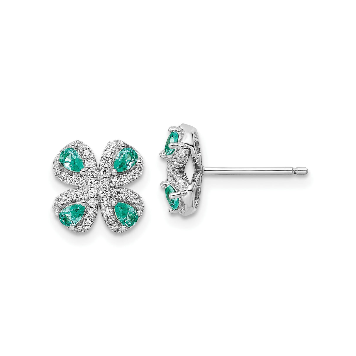 Sterling Silver Clover Stud Earrings with Green Pear-Cut Cubic Zirconia and Pavé Crystals