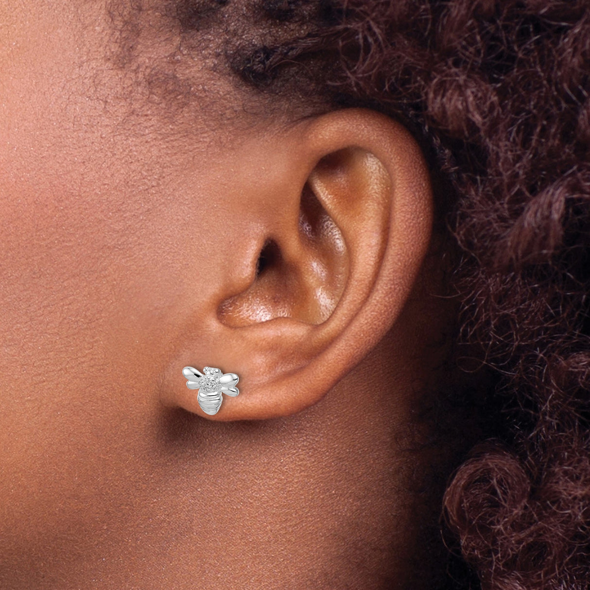 Sterling Silver Bee Stud Earrings with Cubic Zirconia and Detailed Wings