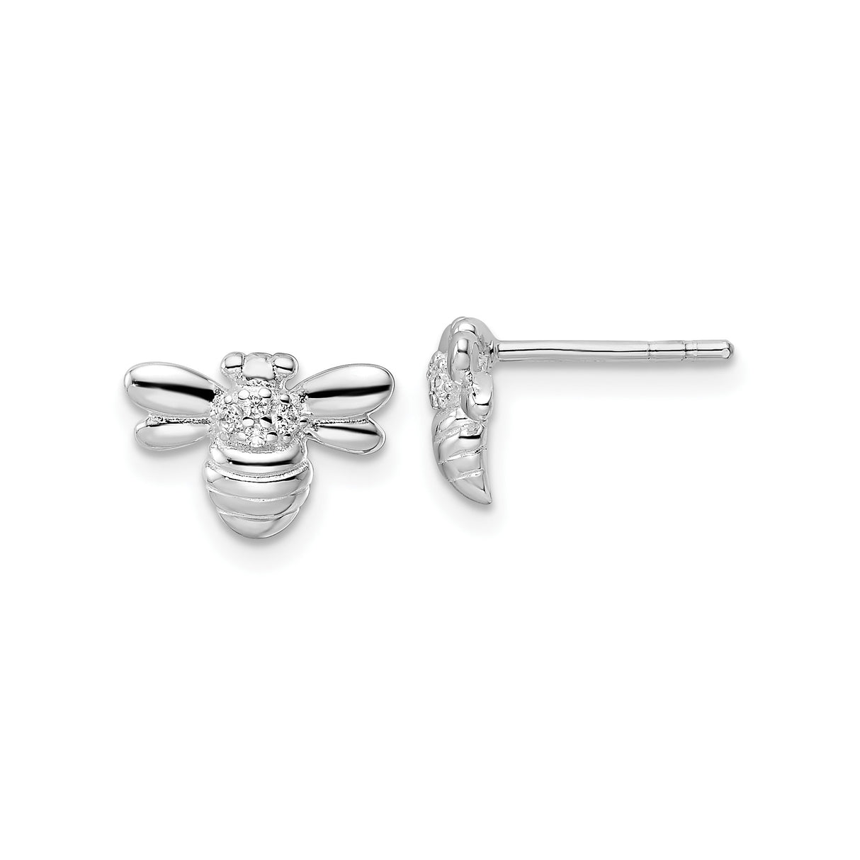 Sterling Silver Bee Stud Earrings with Cubic Zirconia and Detailed Wings
