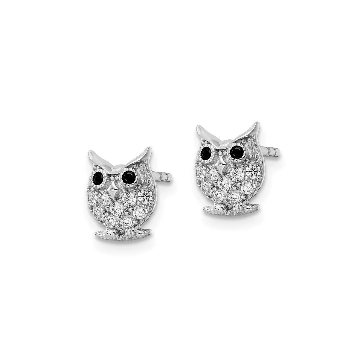 Sterling Silver Owl Stud Earrings with Black and Clear Cubic Zirconia Accents for Women
