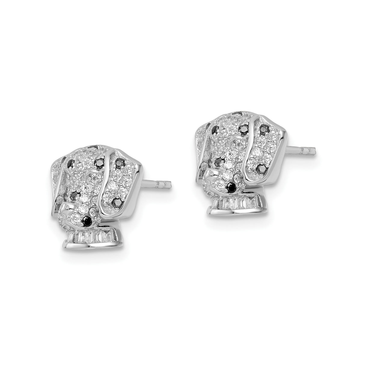 Sterling Silver Dog Shaped Stud Earrings with Clear and Black Cubic Zirconia, Puppy Face Design