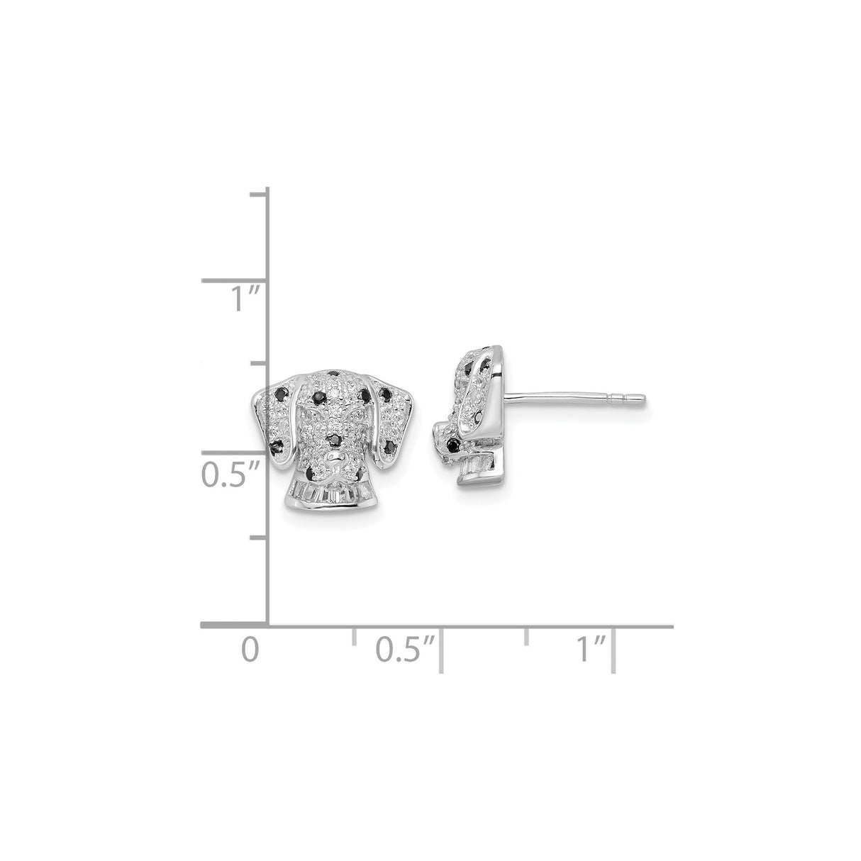 Sterling Silver Dog Shaped Stud Earrings with Clear and Black Cubic Zirconia, Puppy Face Design