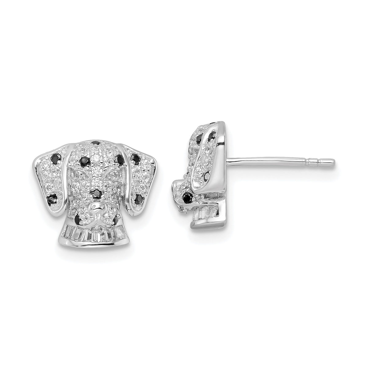 Sterling Silver Dog Shaped Stud Earrings with Clear and Black Cubic Zirconia, Puppy Face Design