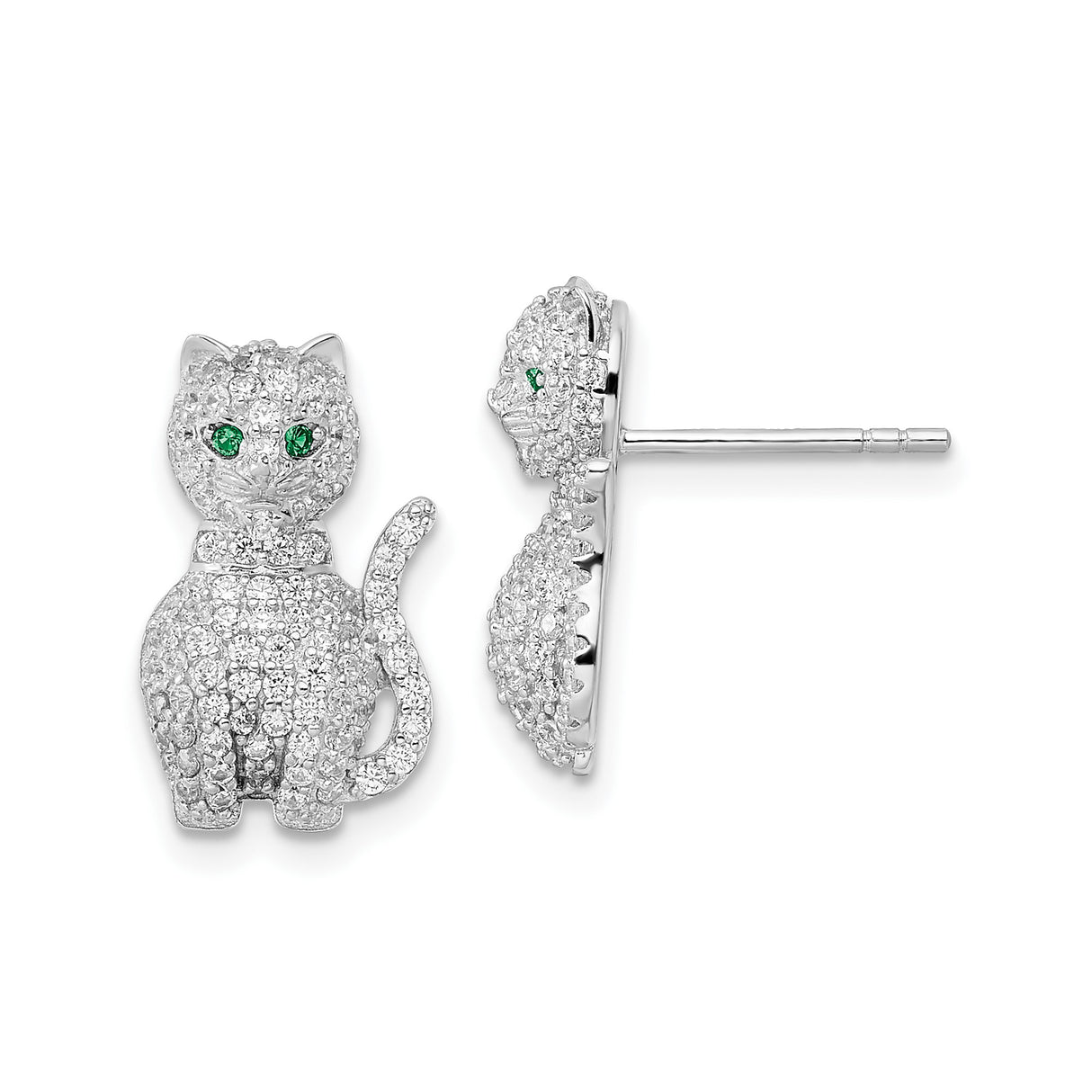 Sterling Silver Cat Stud Earrings with Cubic Zirconia Eyes, Whimsical Animal Design for Women