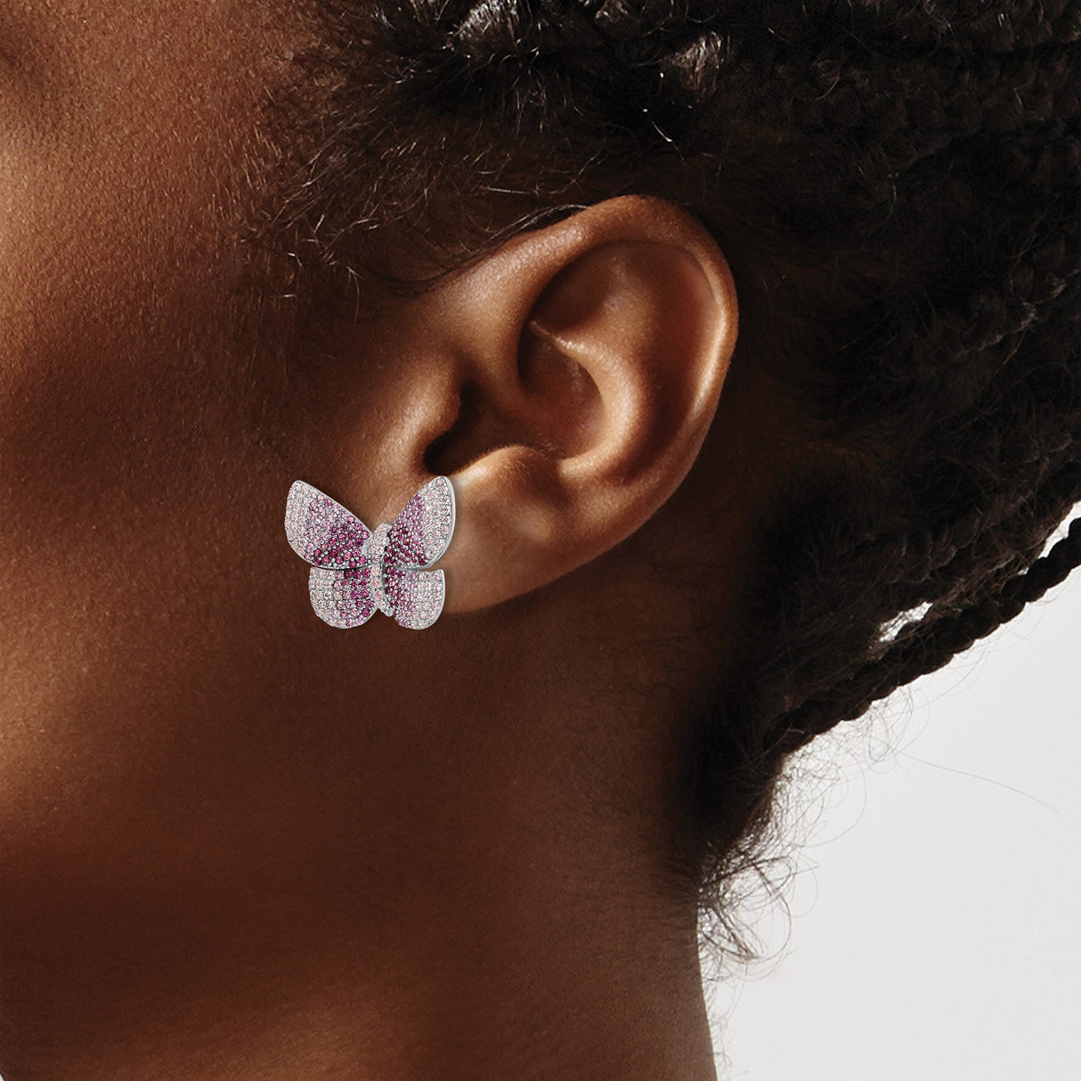 Sterling Silver Butterfly Stud Earrings with Pink and White Cubic Zirconia Pavé, Nature Inspired