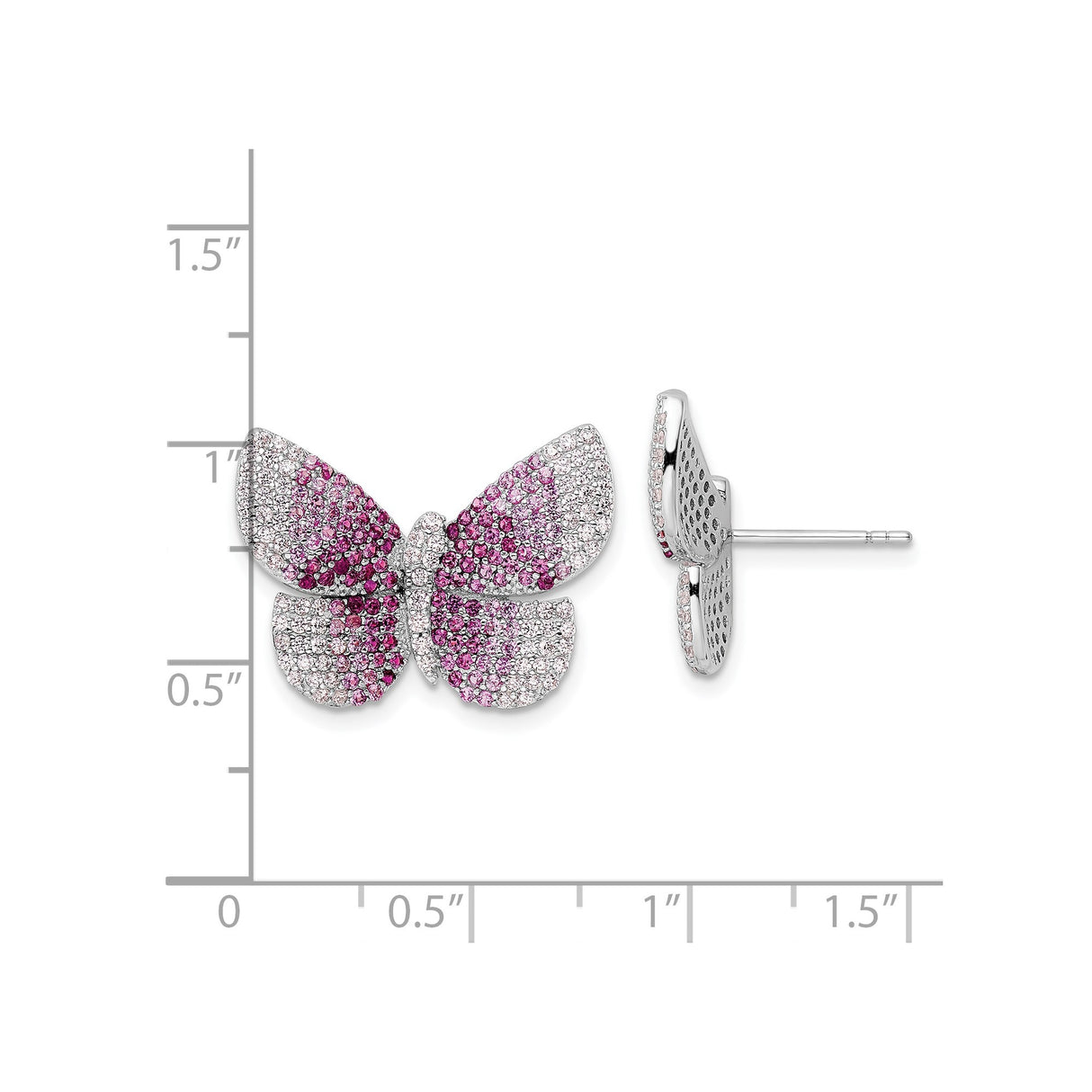 Sterling Silver Butterfly Stud Earrings with Pink and White Cubic Zirconia Pavé, Nature Inspired