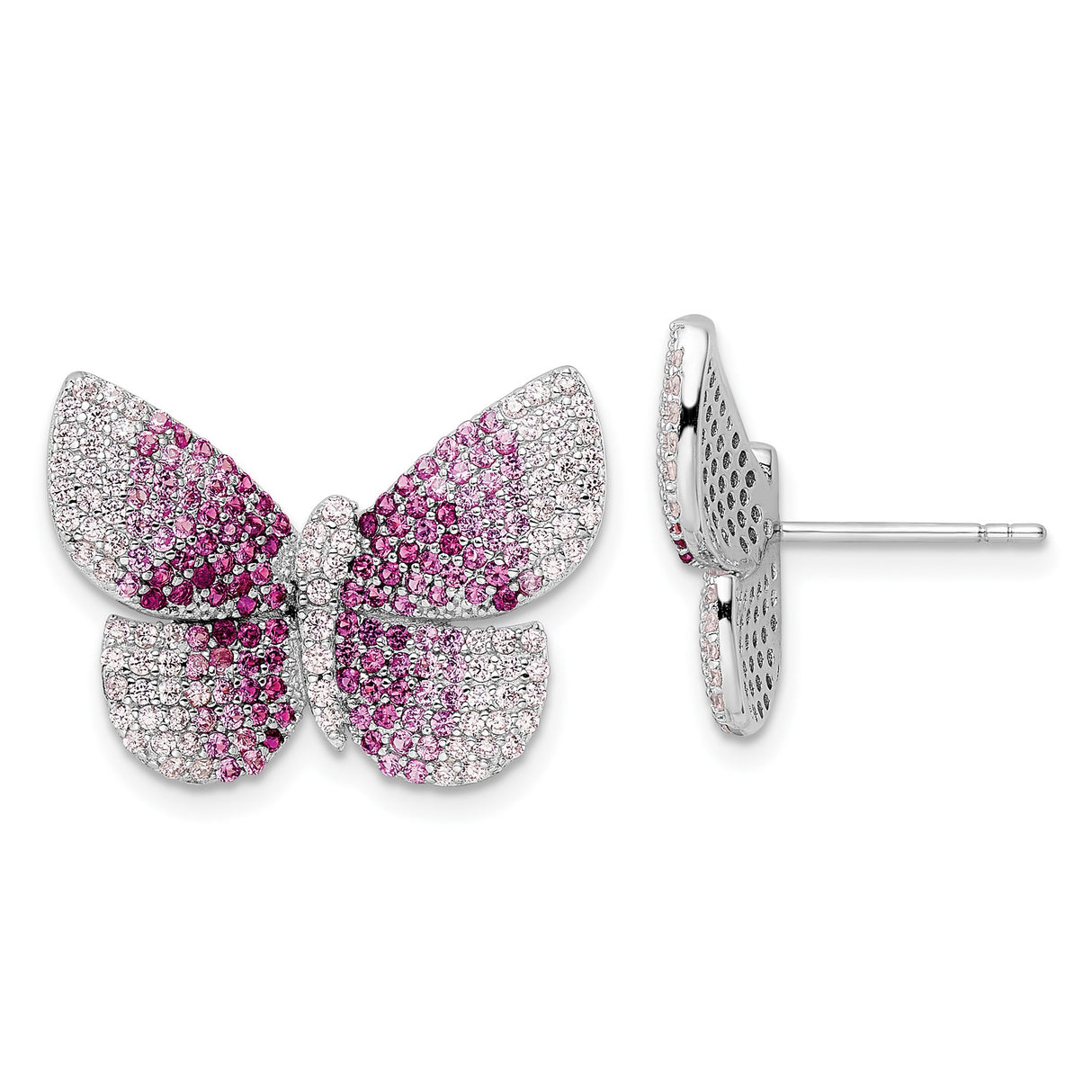 Sterling Silver Butterfly Stud Earrings with Pink and White Cubic Zirconia Pavé, Nature Inspired