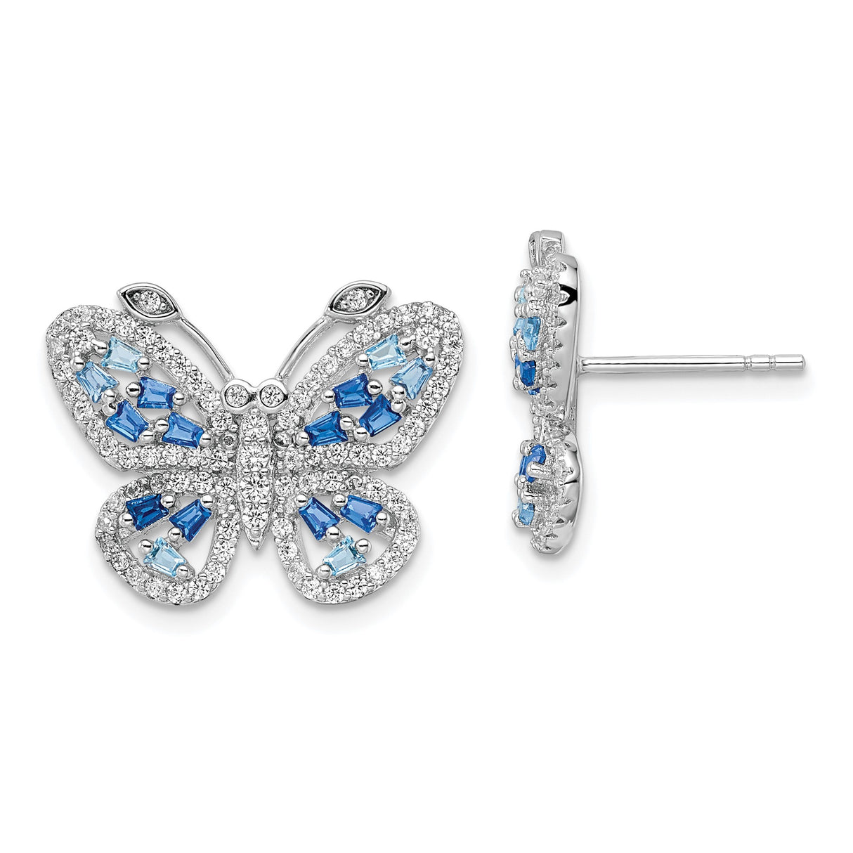 Sterling Silver Butterfly Stud Earrings with Light and Dark Blue Cubic Zirconia