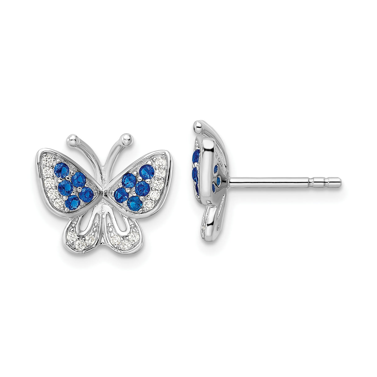 Sterling Silver Butterfly Stud Earrings with Blue and Clear Cubic Zirconia