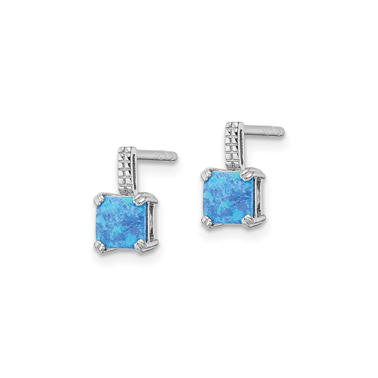 Sterling Silver Stud Earrings with Square Created Opal, Textured Bale Detail