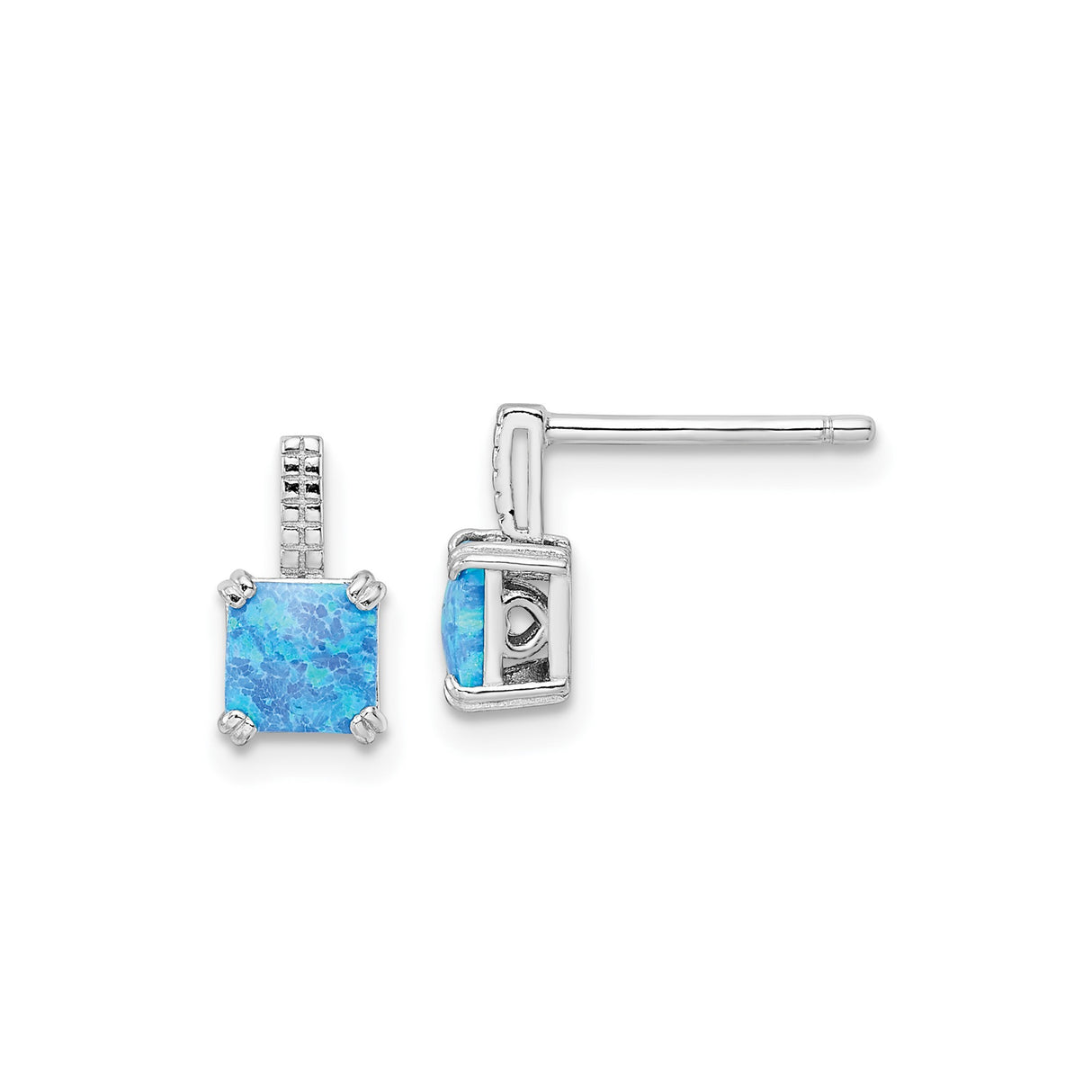 Sterling Silver Stud Earrings with Square Created Opal, Textured Bale Detail