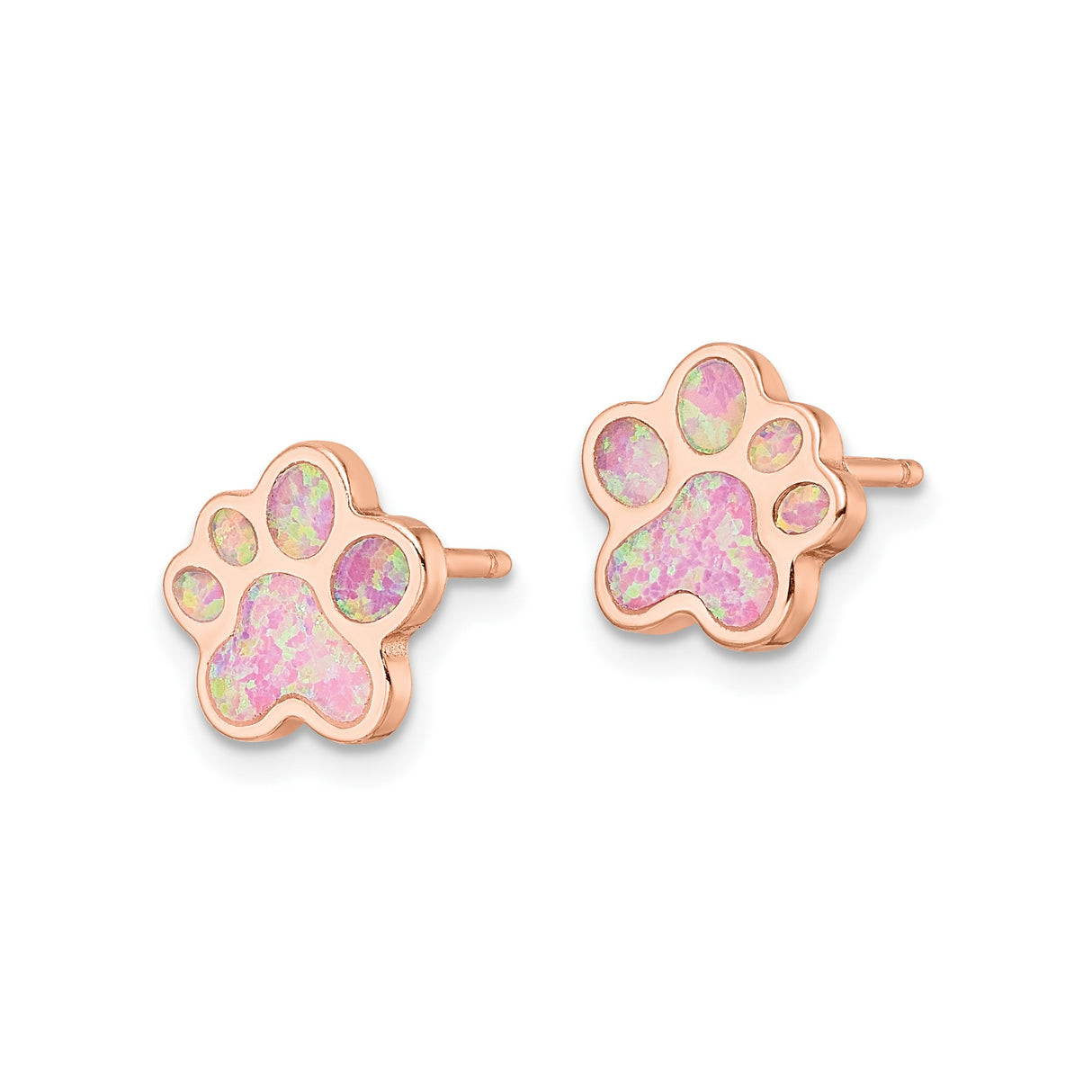 Sterling Silver Stud Earrings with Created Pink Opal, Rose Gold Plated Paw Print Design