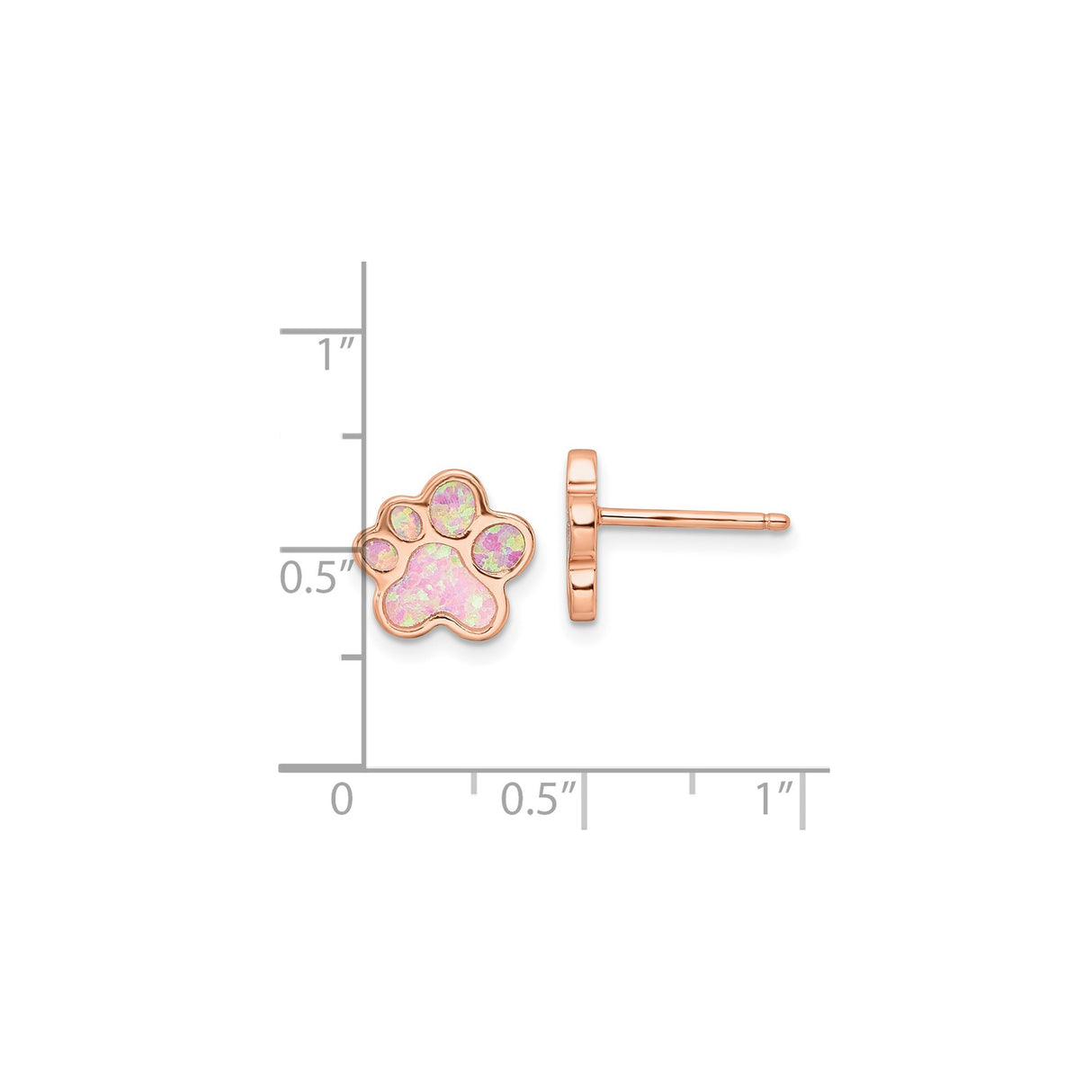Sterling Silver Stud Earrings with Created Pink Opal, Rose Gold Plated Paw Print Design