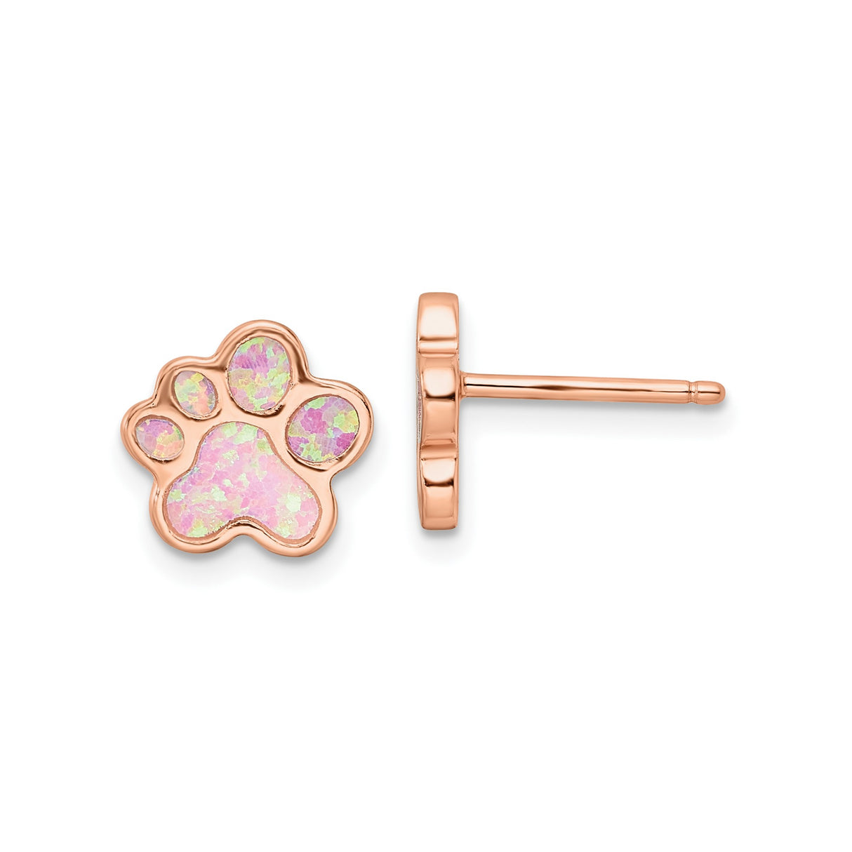 Sterling Silver Stud Earrings with Created Pink Opal, Rose Gold Plated Paw Print Design