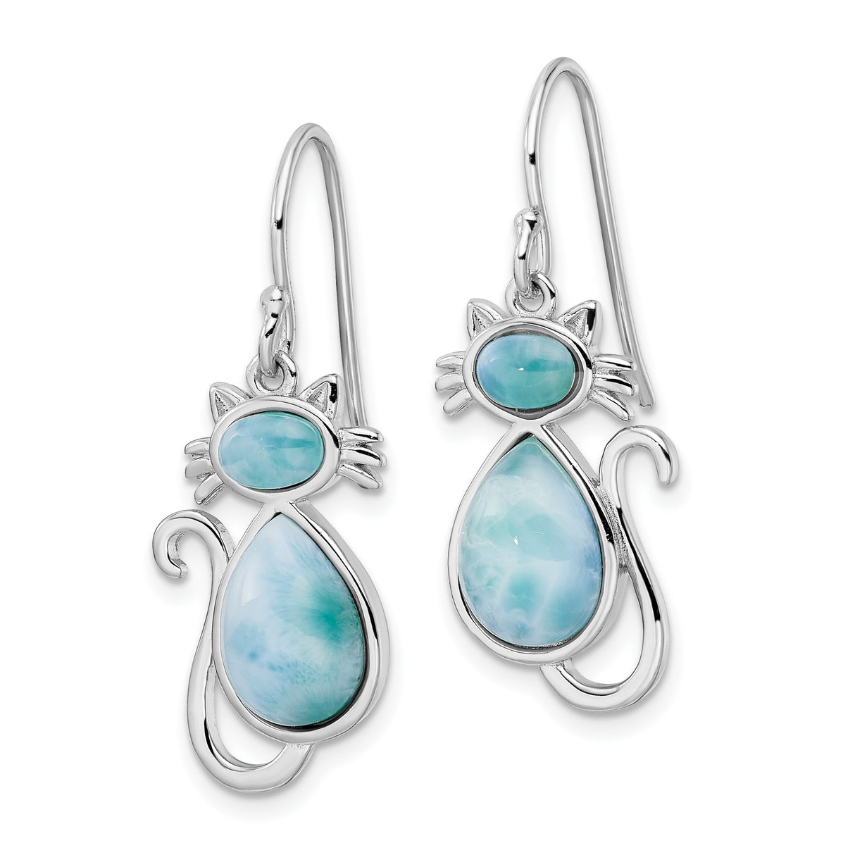 Sterling Silver Cat Dangle Earrings with Larimar Teardrop, Whimsical Feline Design
