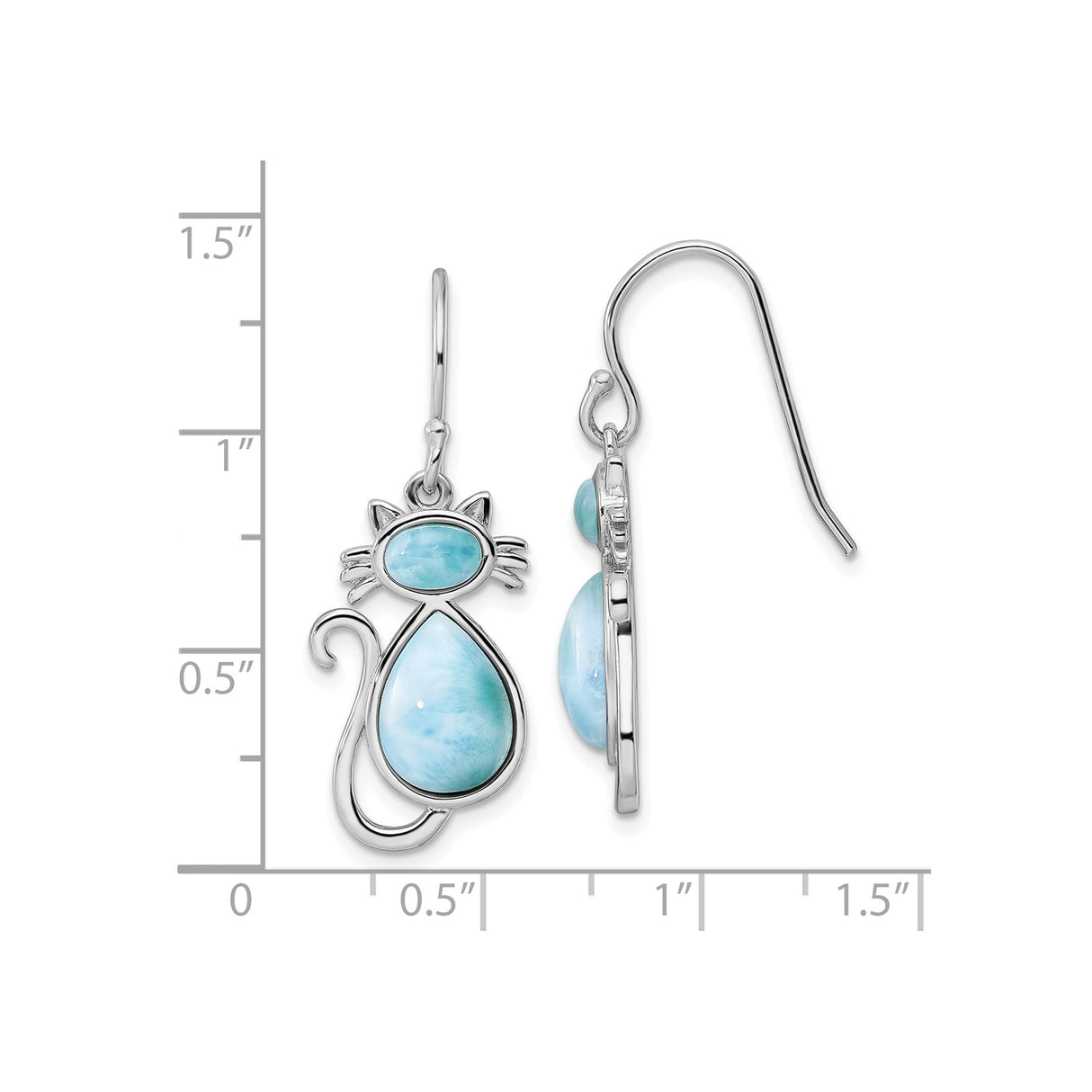 Sterling Silver Cat Dangle Earrings with Larimar Teardrop, Whimsical Feline Design