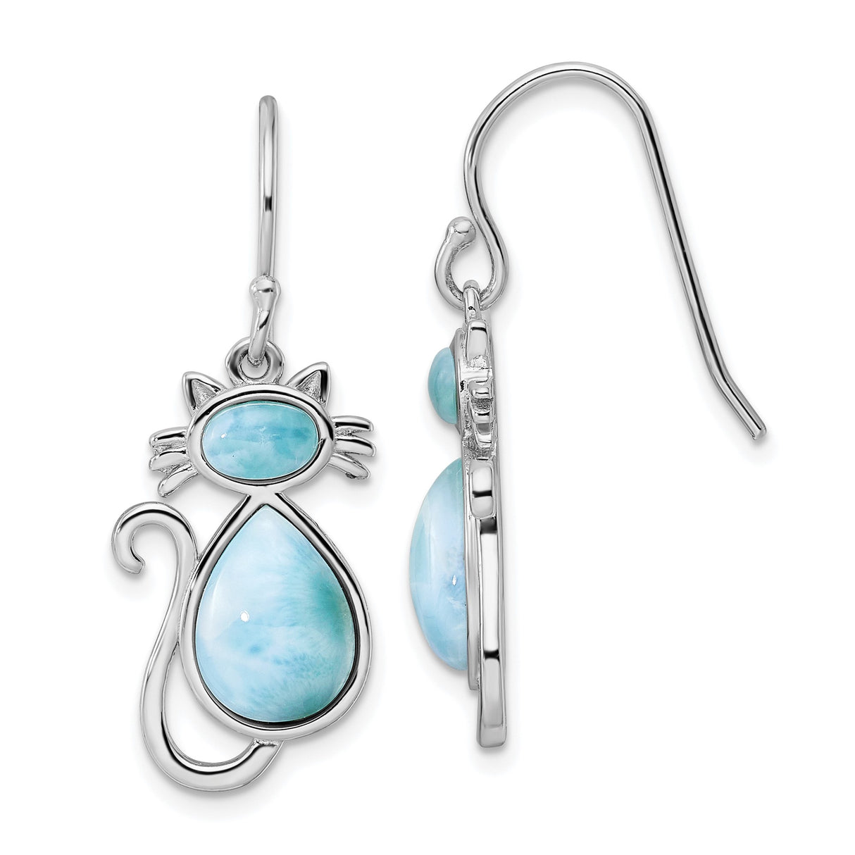 Sterling Silver Cat Dangle Earrings with Larimar Teardrop, Whimsical Feline Design