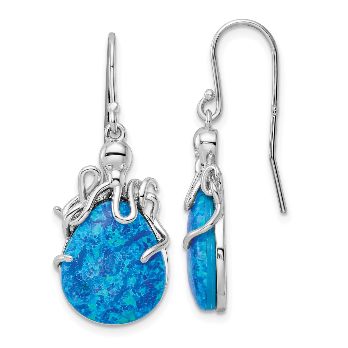 Sterling Silver Octopus Drop Earrings with Created Opal, Nautical Marine Theme