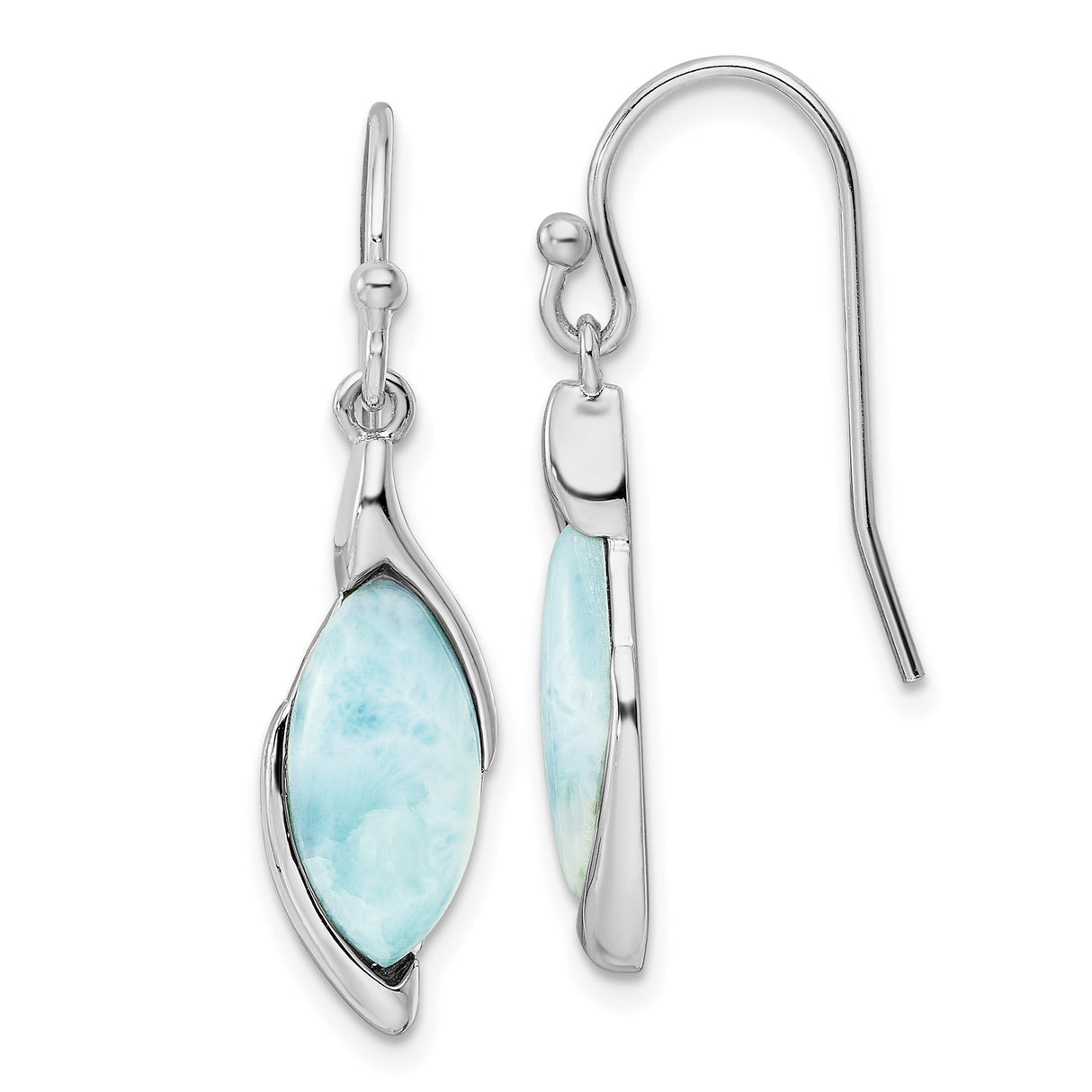 Sterling Silver Dangle Earrings with Larimar Marquise Cut Stone, Ocean-Inspired Boho Design