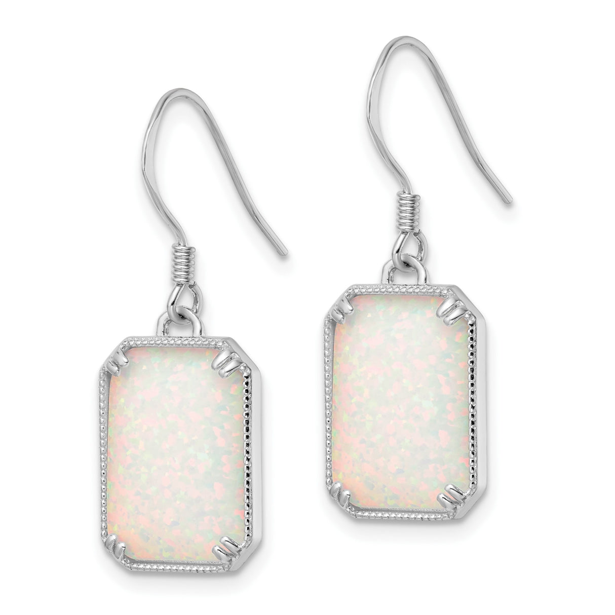 Sterling Silver Dangle Earrings with Rectangular Created Opal and Cubic Zirconia, Milgrain Detail