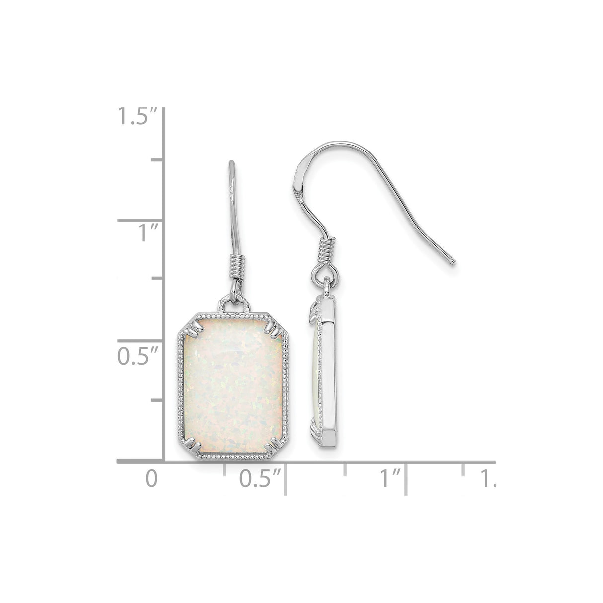 Sterling Silver Dangle Earrings with Rectangular Created Opal and Cubic Zirconia, Milgrain Detail
