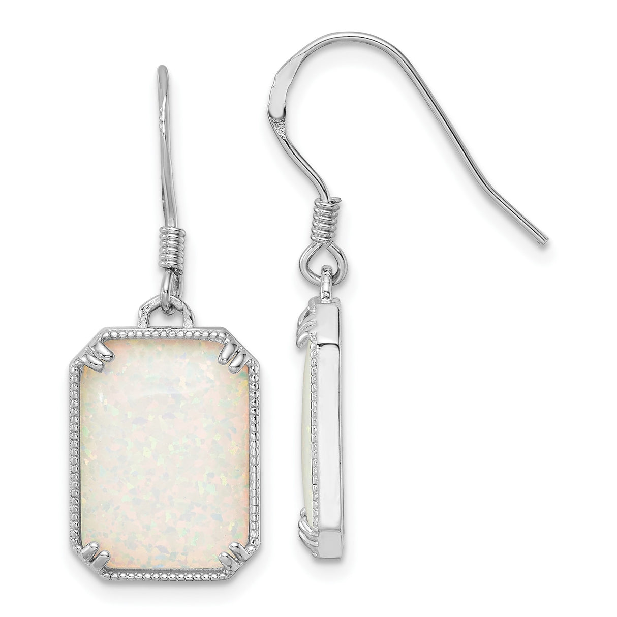 Sterling Silver Dangle Earrings with Rectangular Created Opal and Cubic Zirconia, Milgrain Detail