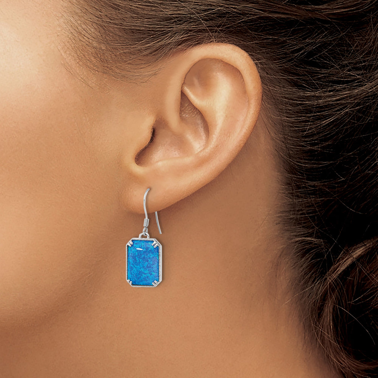 Sterling Silver Dangle Earrings with Rectangular Created Opal and Cubic Zirconia, Modern Drop Design