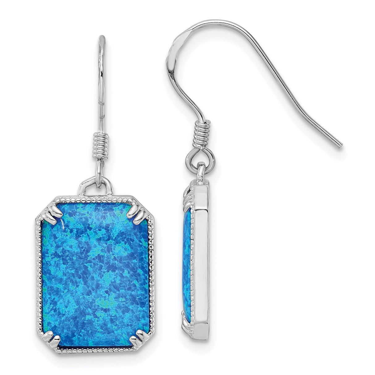 Sterling Silver Dangle Earrings with Rectangular Created Opal and Cubic Zirconia, Modern Drop Design