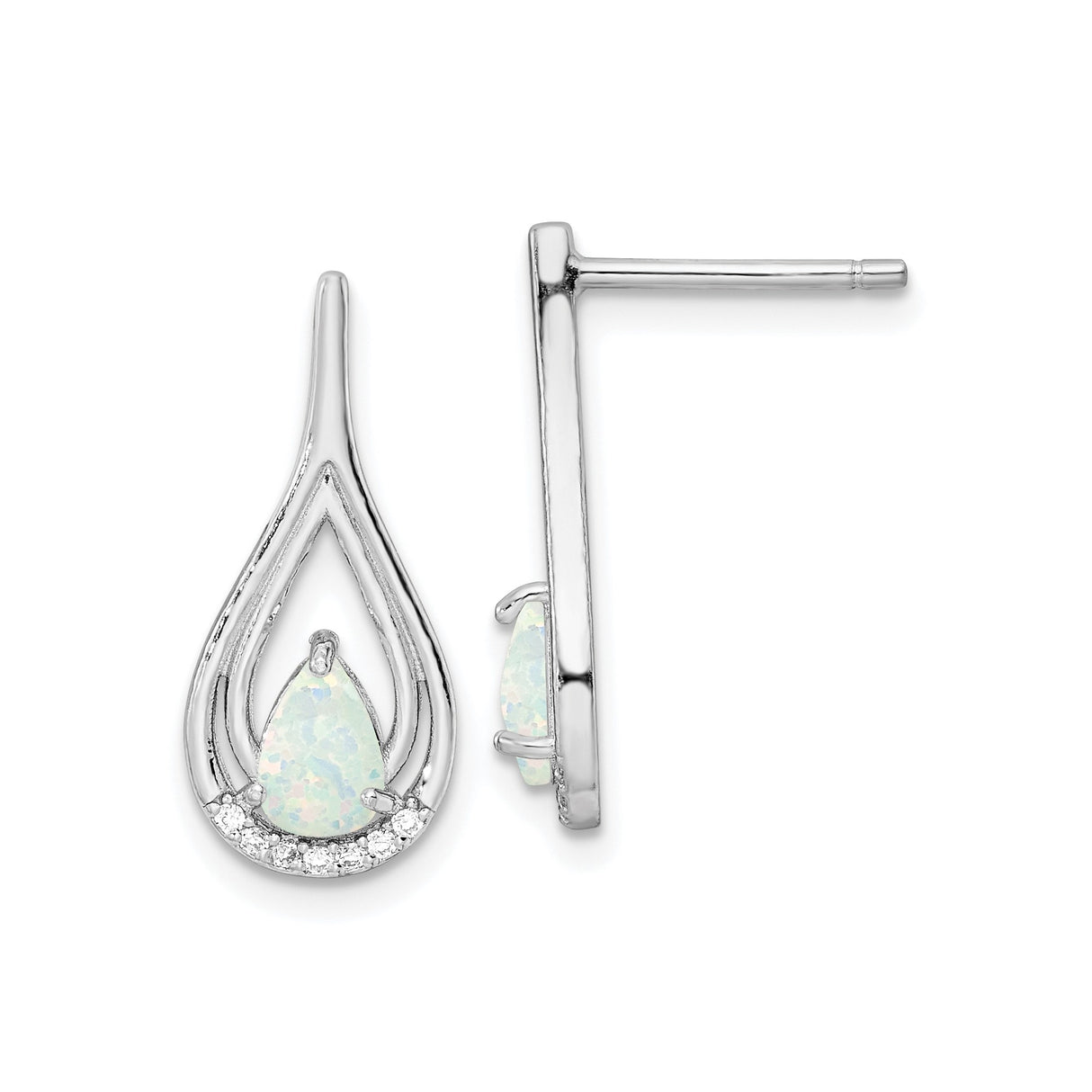 Sterling Silver Teardrop Stud Earrings with Created Opal and Cubic Zirconia Accents